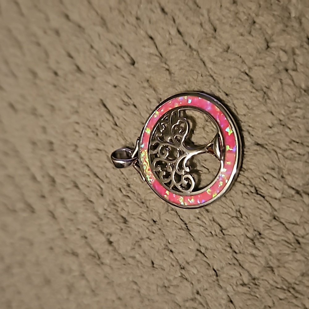 Round Pink Tree of Life FIRE OPAL Pendant - 925 STERLING SILVER - Rhodium